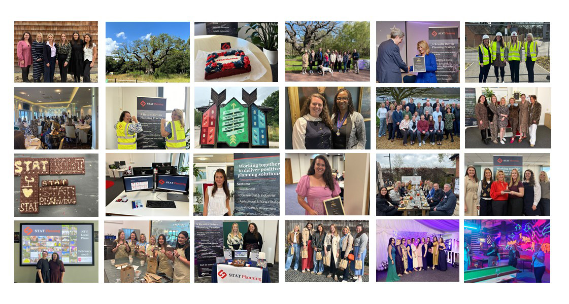 Sociable Collage May 26 Collage showing the STAT Planning team engaging in workplace events, planning site visits, team lunches, and public consultation—reflecting the dynamic culture of a town planning careers in the East Midlands.